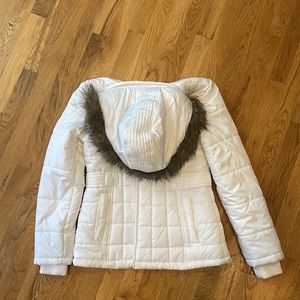 White winter coat with removable faux fur hood.
